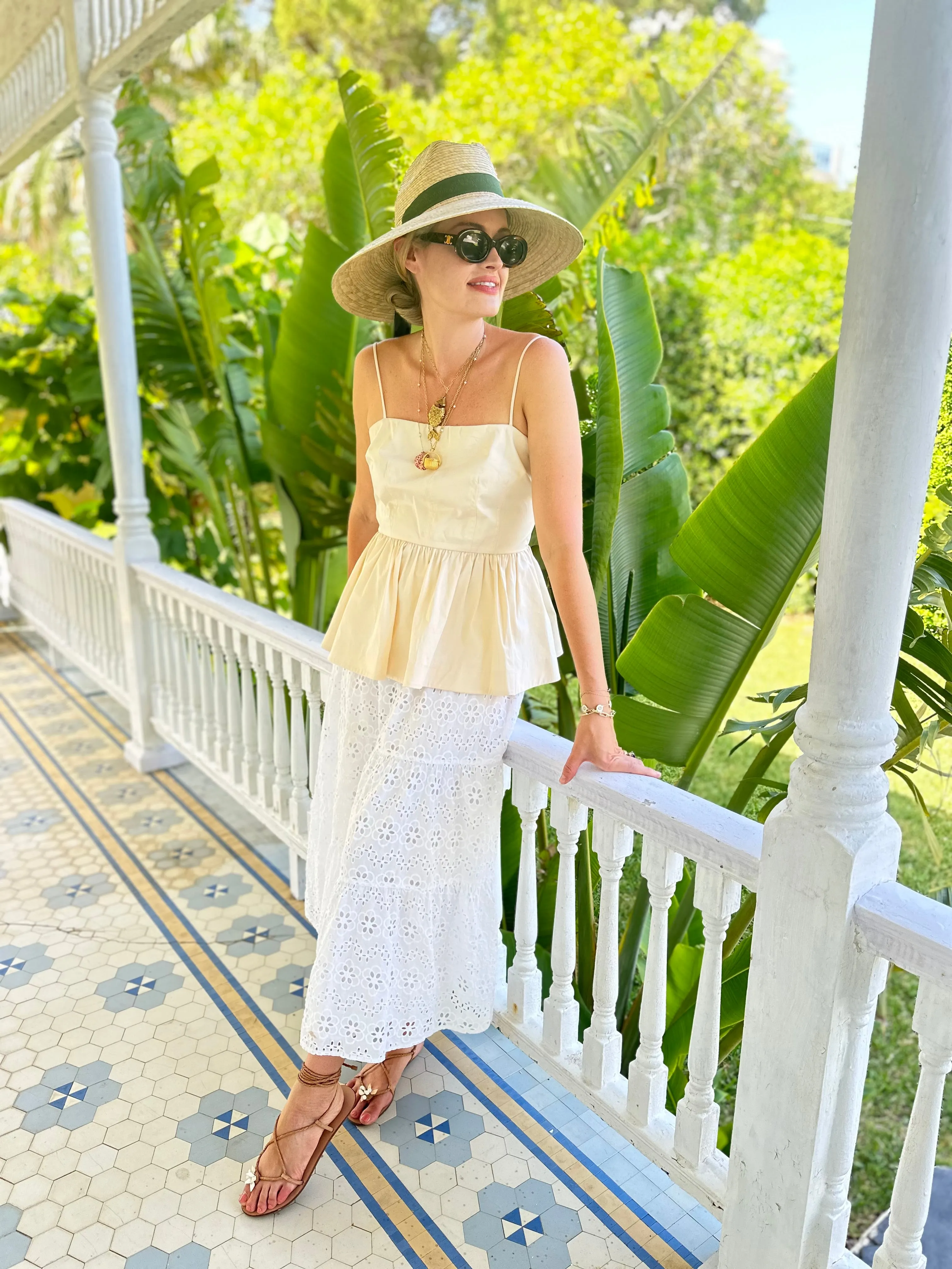 Hollyhock Sun Hat -  Vintage Azure Garden Rose Long Ribbon