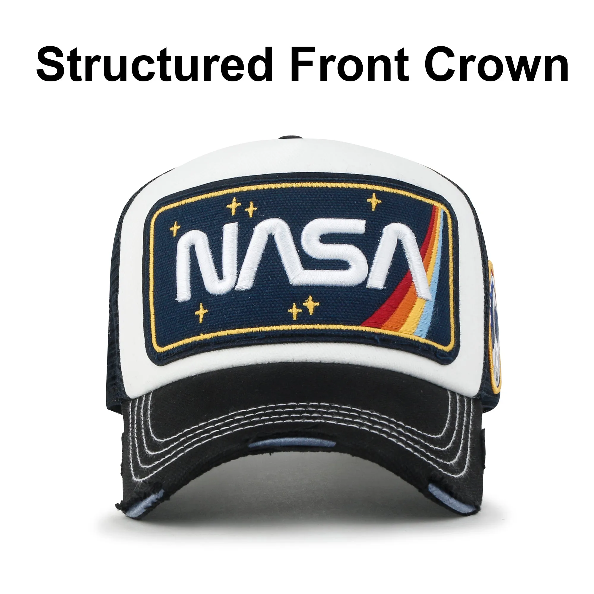 ililily PREMIUM NASA Worm Logo Embroidery Large Structured Baseball Cap Mesh Back Trucker Hat