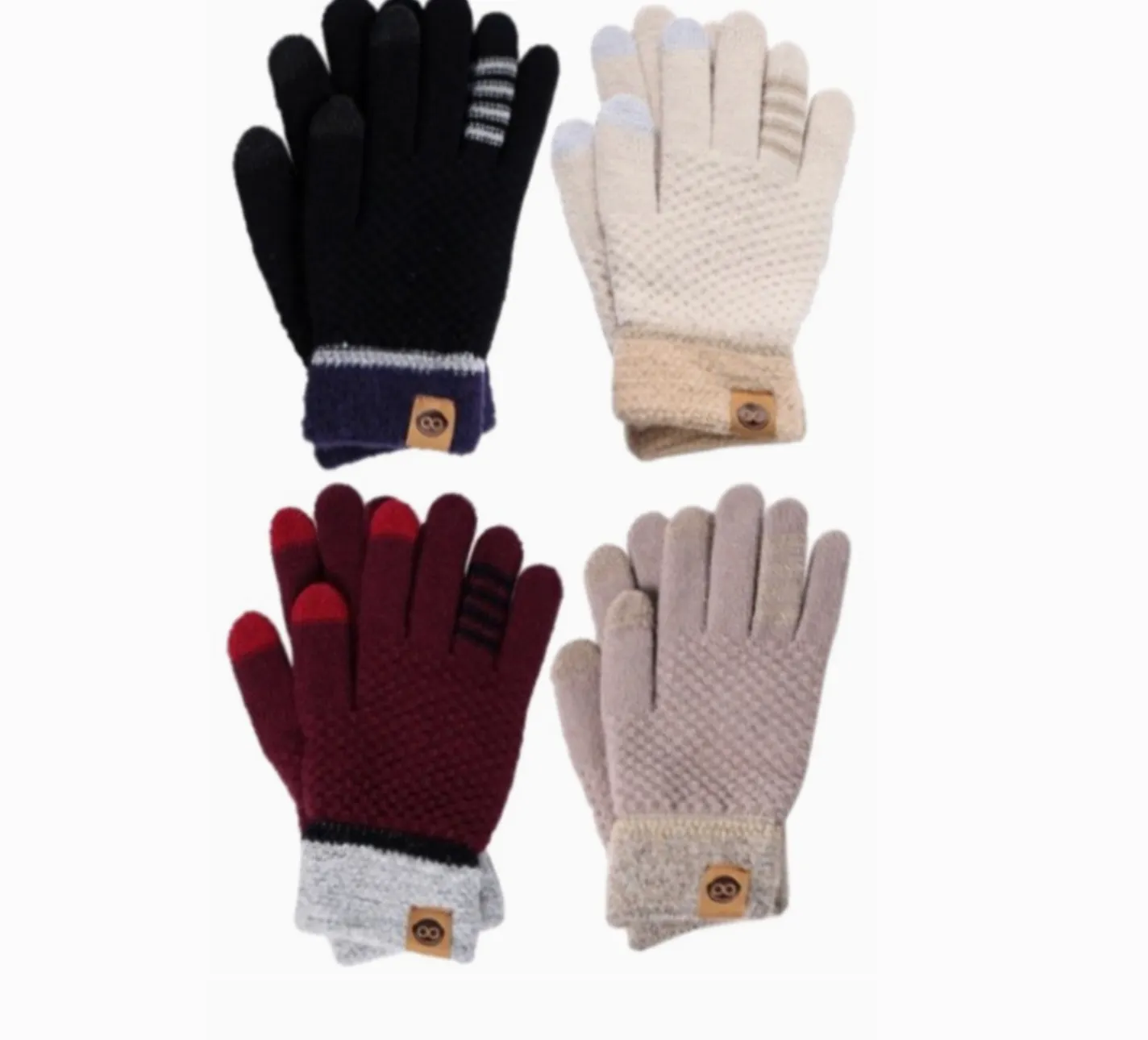 Tri-Striped Cuffed Touchscreen Fingertip Gloves