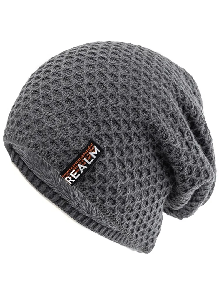 Unisex Letter Label Decor Thermal Lined Knitted Hat - SF1669